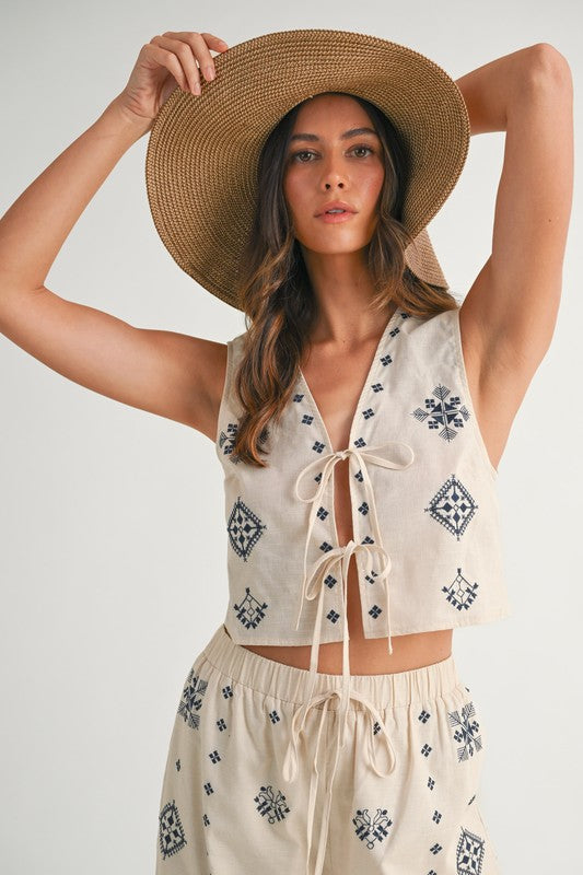 PREORDER - Harborside Linen Embroidered Vest Tie Top