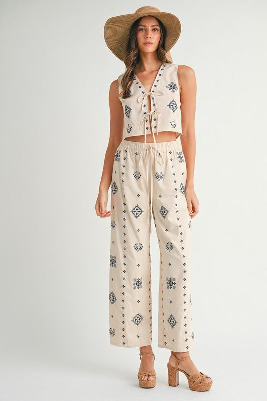 PREORDER - Harborside Linen Embroidered Vest Tie Top