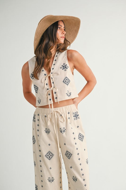 PREORDER - Harborside Linen Embroidered Vest Tie Top