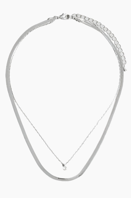 Gem Pendant Silver Layered Chain Necklace