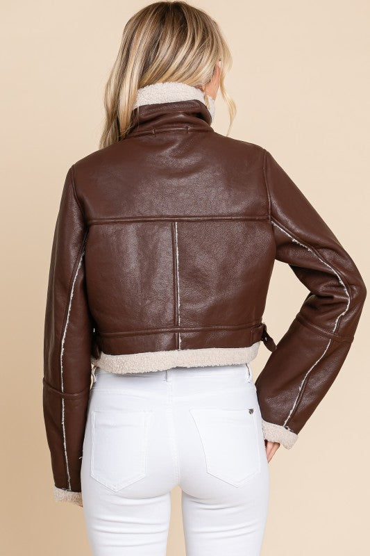 Vegan Leather Sherpa Collared Jacket