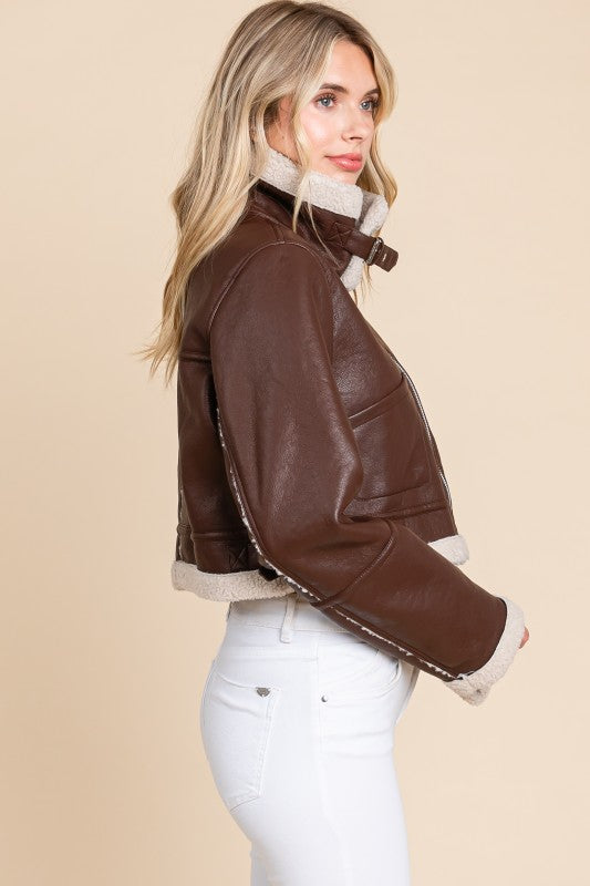 Vegan Leather Sherpa Collared Jacket