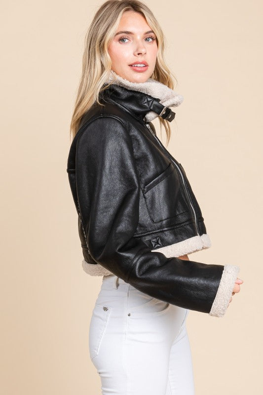 Vegan Leather Sherpa Collared Jacket
