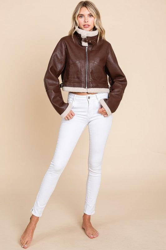 Vegan Leather Sherpa Collared Jacket