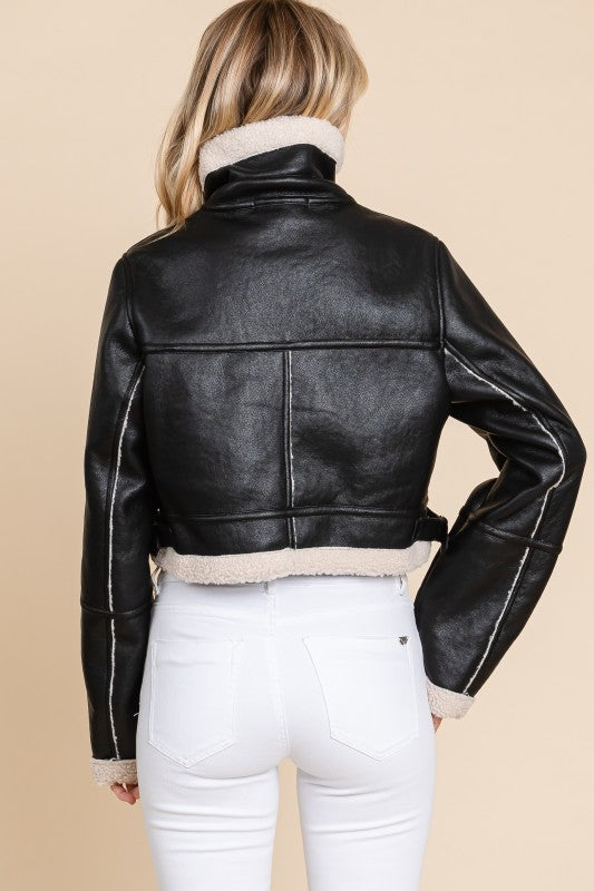 Vegan Leather Sherpa Collared Jacket