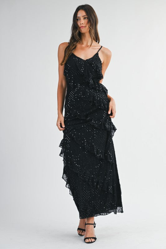 Celestelle Asymmetrical Sequin Ruffle Tiered Maxi Dress