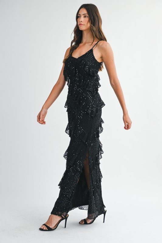 Celestelle Asymmetrical Sequin Ruffle Tiered Maxi Dress