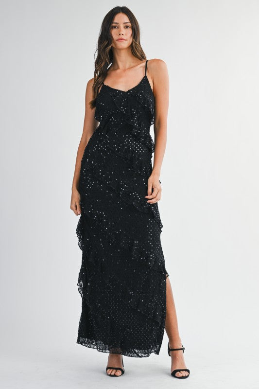 Celestelle Asymmetrical Sequin Ruffle Tiered Maxi Dress