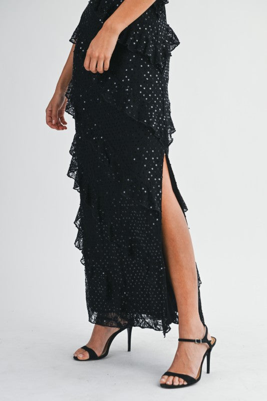 Celestelle Asymmetrical Sequin Ruffle Tiered Maxi Dress