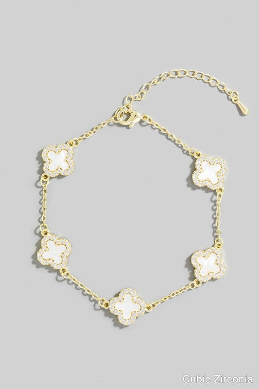 Cubic Zirconia Station Clover Chain Bracelet