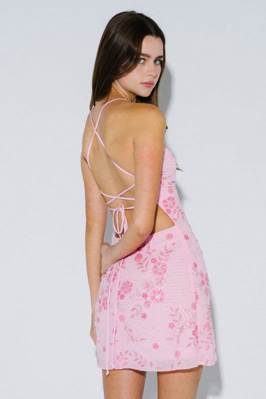 Blush Petal Beaded Mini Dress