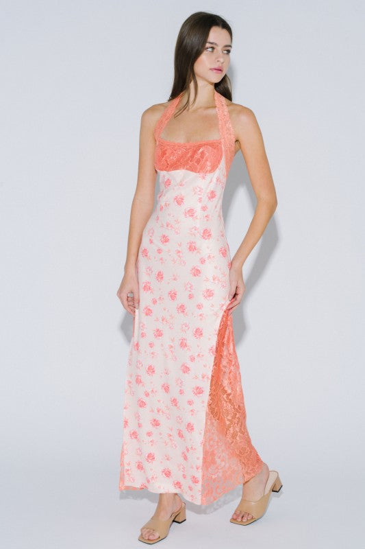 Peach Bellini Halter Maxi Dress