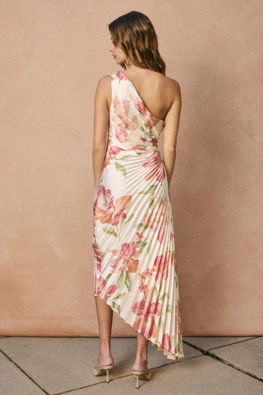 Coral Garden Asymmetrical Pleated Maxi Dress