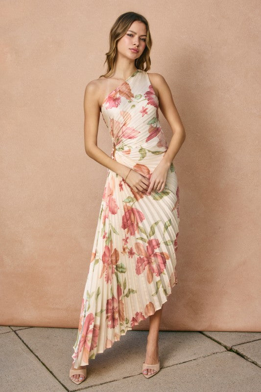 Coral Garden Asymmetrical Pleated Maxi Dress