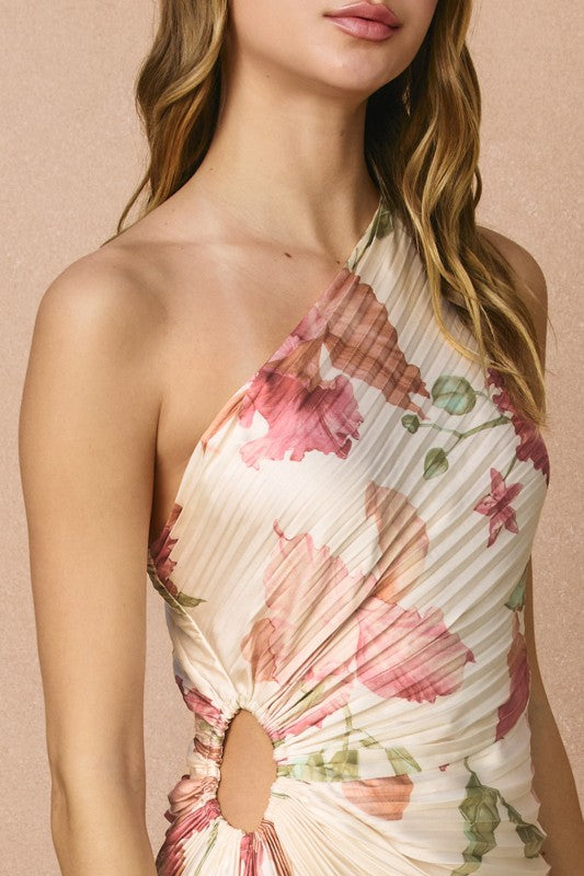 Coral Garden Asymmetrical Pleated Maxi Dress