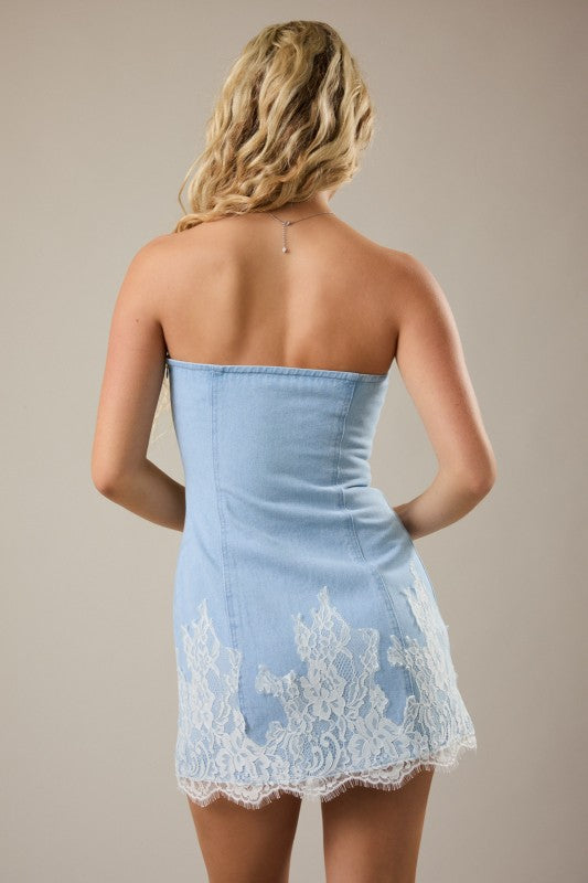 Tube Top Denim Dress With Lace Trim