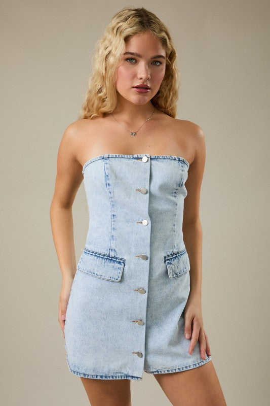 Buttoned Up Strapless Denim Mini Dress