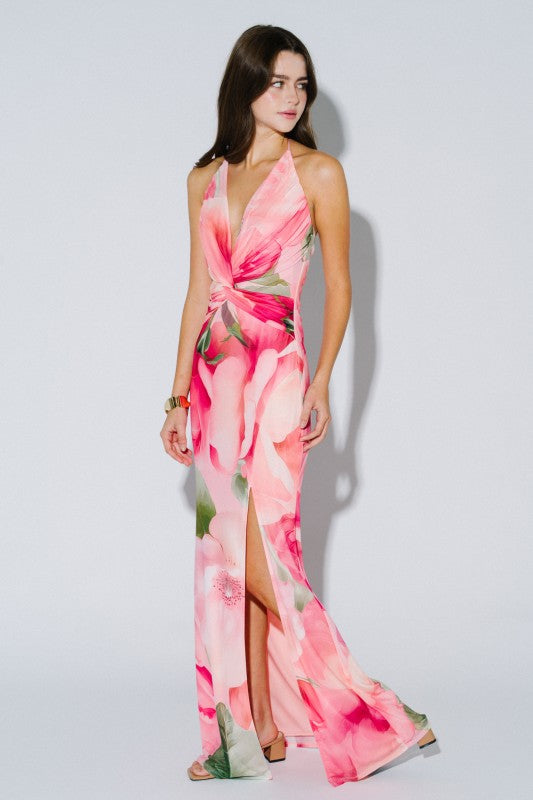 Petaline Floral Deep Plunge Halter Maxi Dress