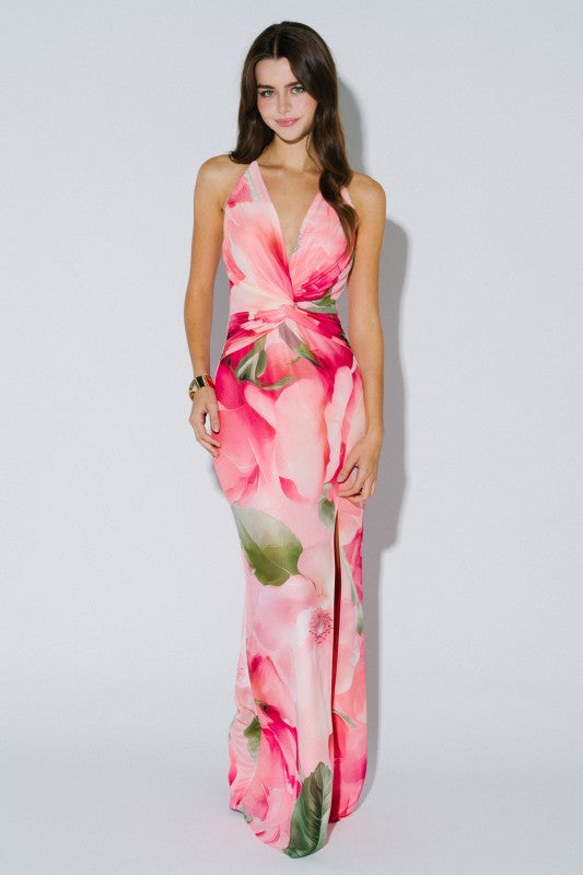 Petaline Floral Deep Plunge Halter Maxi Dress