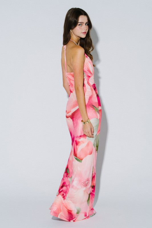 Petaline Floral Deep Plunge Halter Maxi Dress