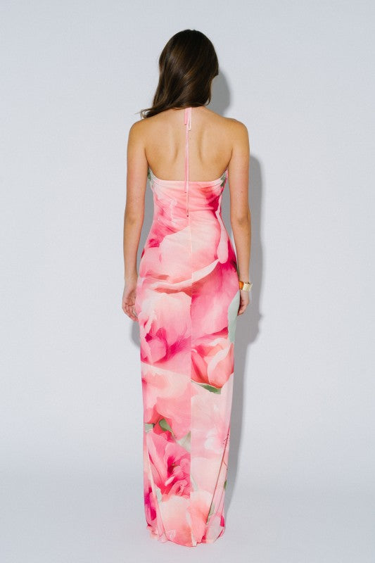Petaline Floral Deep Plunge Halter Maxi Dress