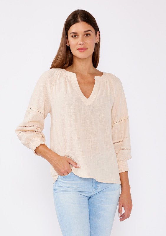 Smocked Cotton Lace Trimmed Blouse Top