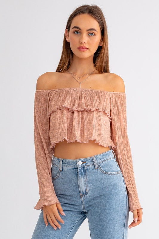 Rose Gold Shimmer Off Shoulder Tiered Top - Medium - Final Sale