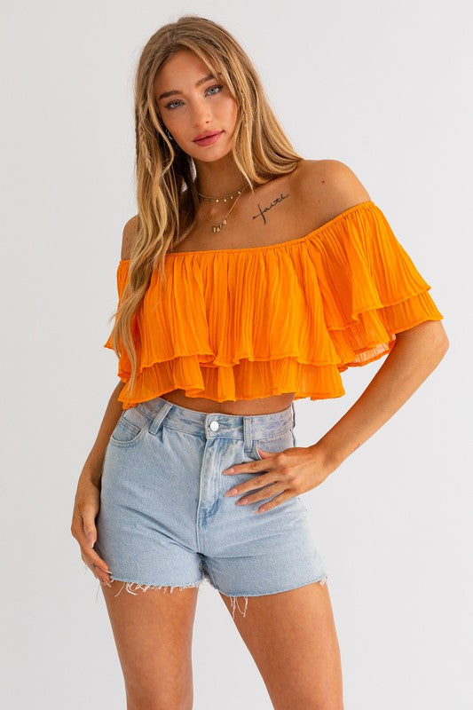 Sunset Glow Off Shoulder Ruffle Crop Top - Small - Final Sale