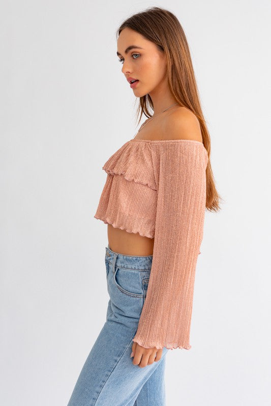 Rose Gold Shimmer Off Shoulder Tiered Top - Medium - Final Sale