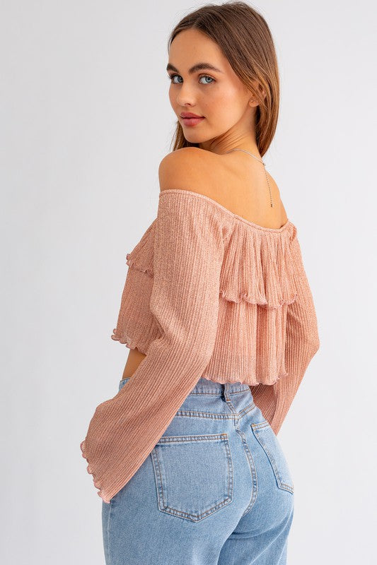 Rose Gold Shimmer Off Shoulder Tiered Top - Medium - Final Sale