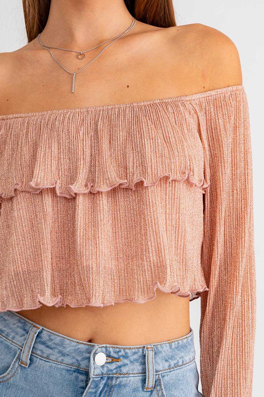 Rose Gold Shimmer Off Shoulder Tiered Top - Medium - Final Sale