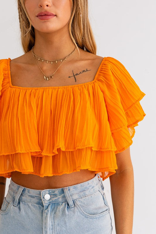 Sunset Glow Off Shoulder Ruffle Crop Top - Small - Final Sale