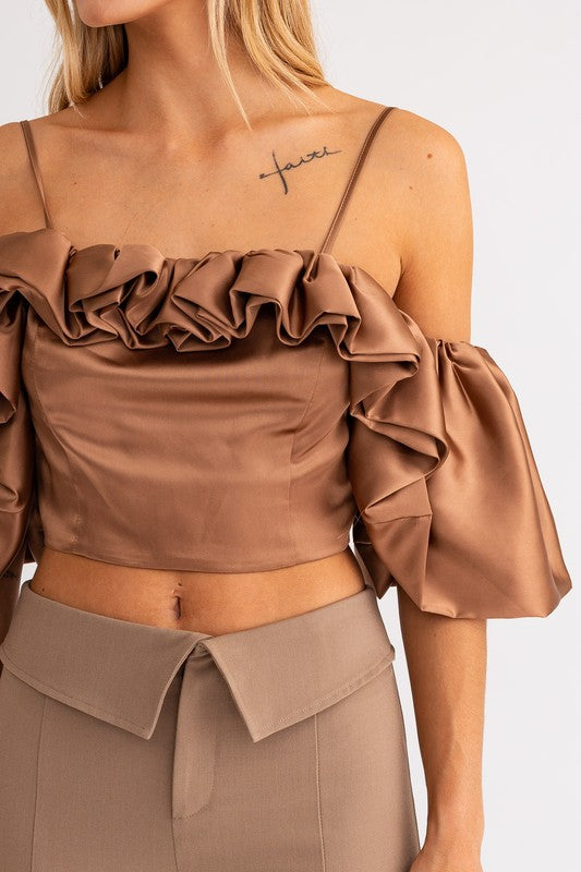 Espresso Martini Ruffle Detail Off Shoulder Top