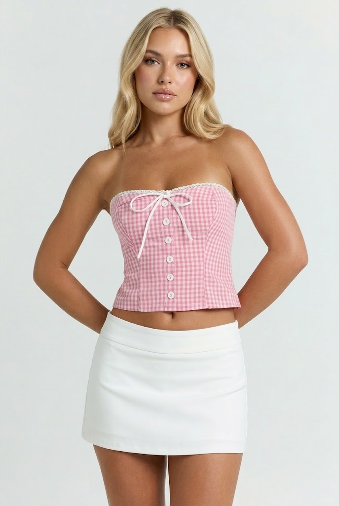 Delmare Gingham Button Front Top