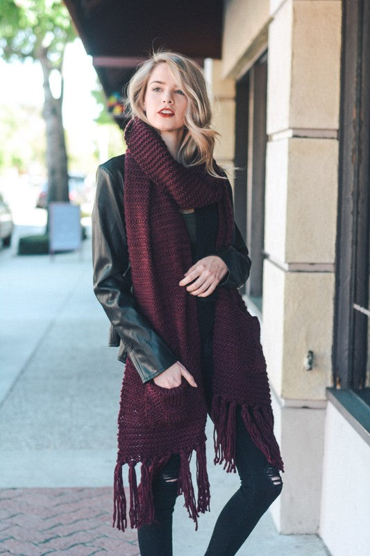 Oversized Fringe Tassel Pocketed Knit Scarf