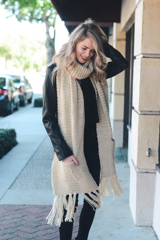 Oversized Fringe Tassel Pocketed Knit Scarf