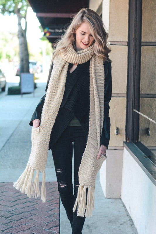 Oversized Fringe Tassel Pocketed Knit Scarf