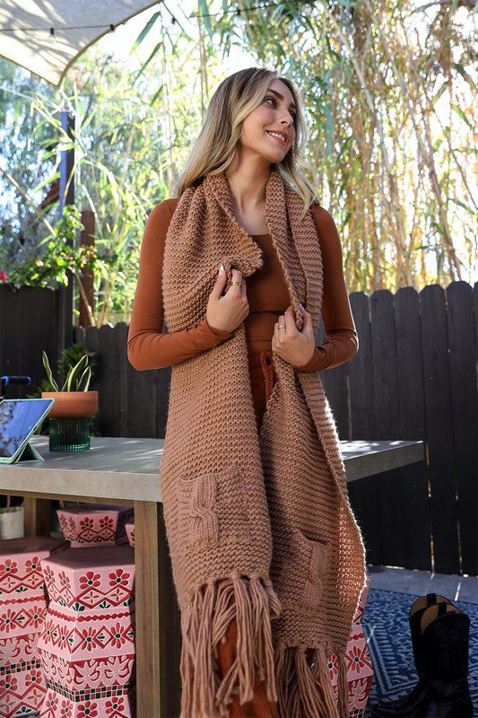 Oversized Fringe Tassel Pocketed Knit Scarf