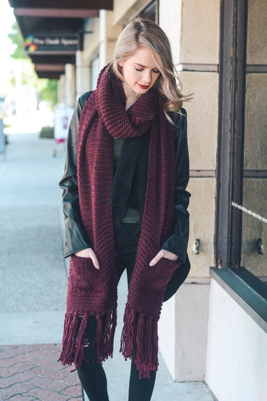 Oversized Fringe Tassel Pocketed Knit Scarf