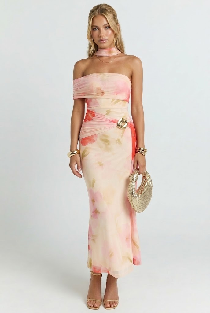 Peonies Floating in the Fountain Midi Dress