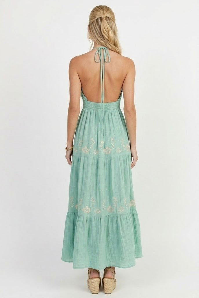Seafoam Embroidery Halter Maxi Dress