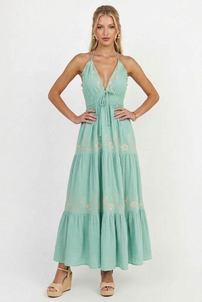 Seafoam Embroidery Halter Maxi Dress