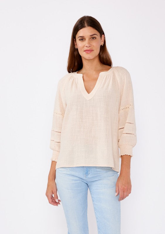 Smocked Cotton Lace Trimmed Blouse Top