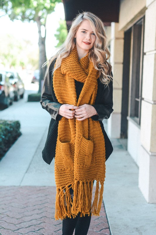 Oversized Fringe Tassel Pocketed Knit Scarf