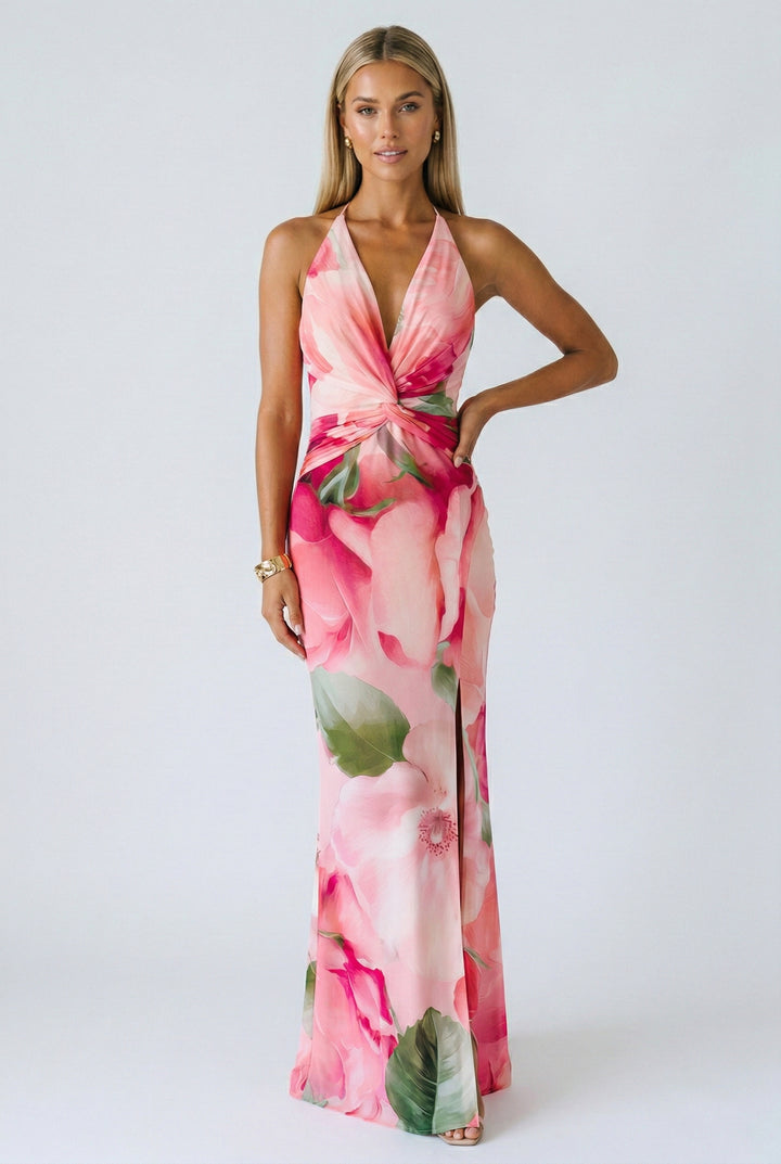 Petaline Floral Deep Plunge Halter Maxi Dress