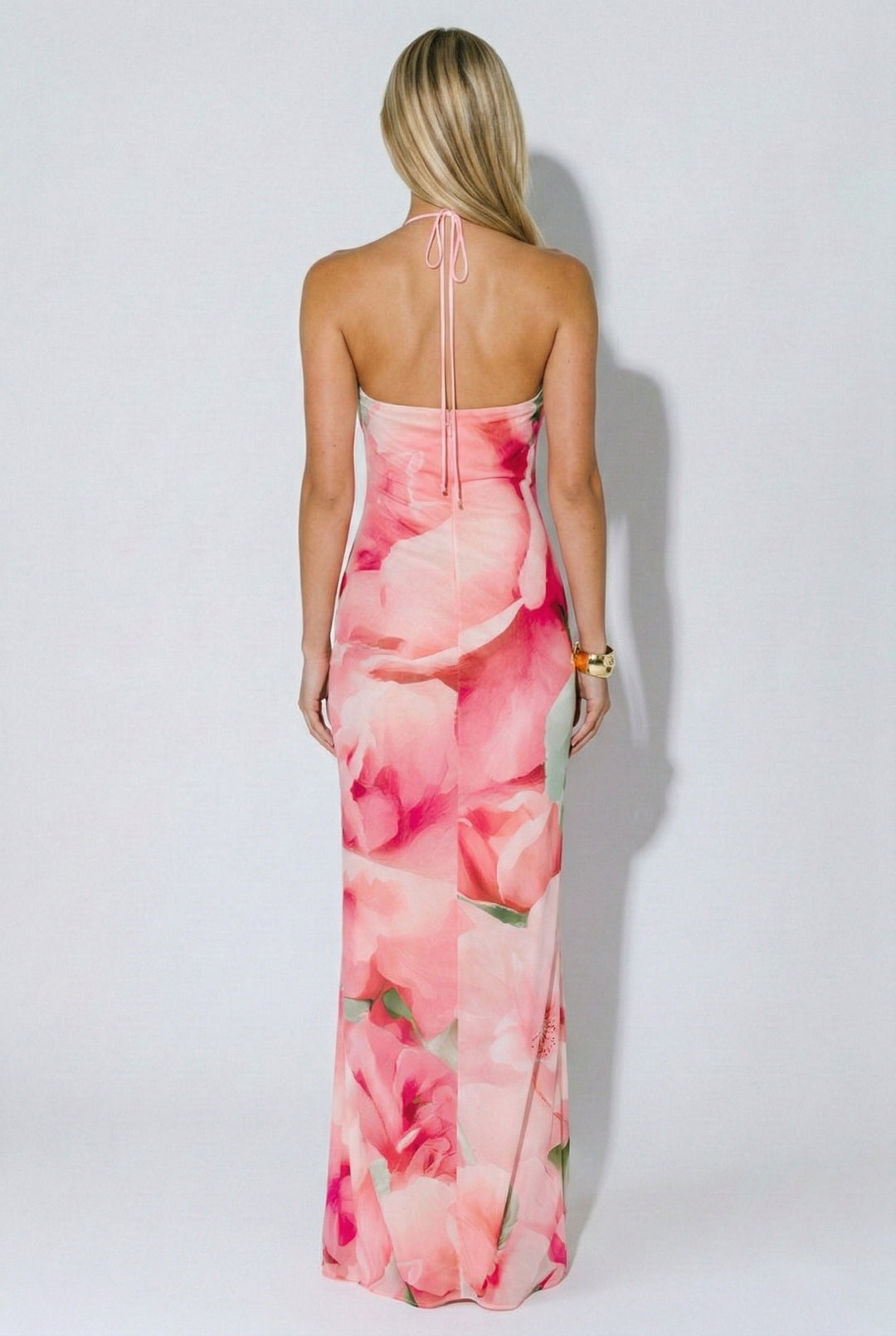 Petaline Floral Deep Plunge Halter Maxi Dress