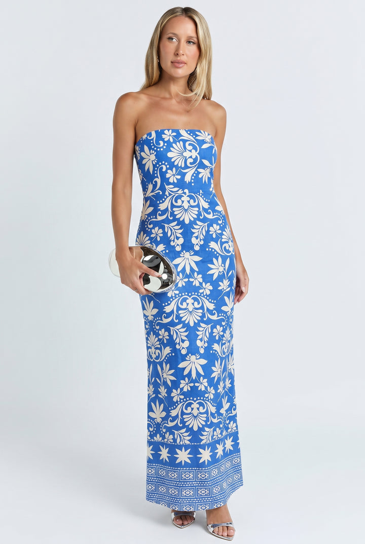 Blue Tile Linen Maxi Dress