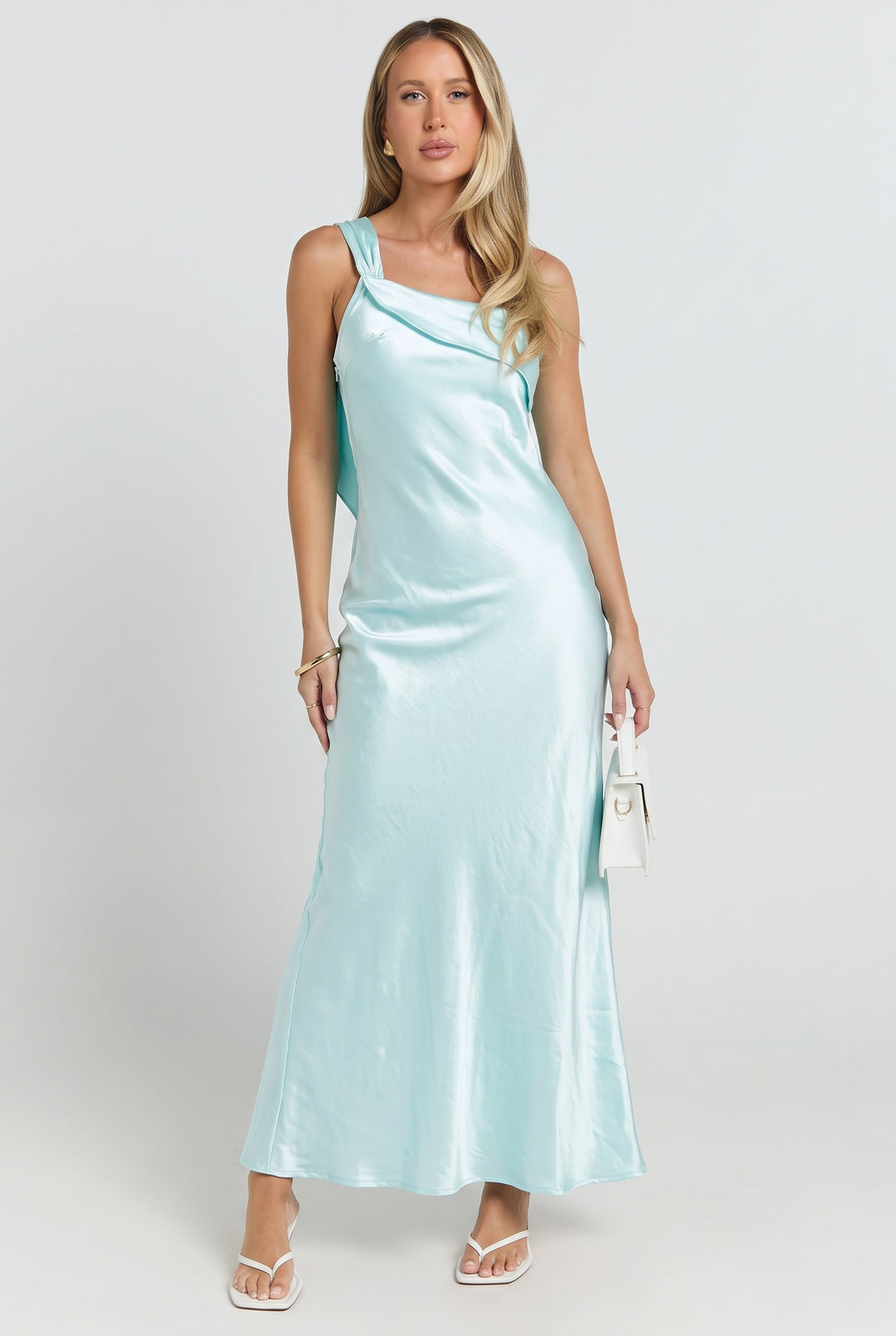 Greek Island Sunsets Satin One Shoulder Maxi Dress