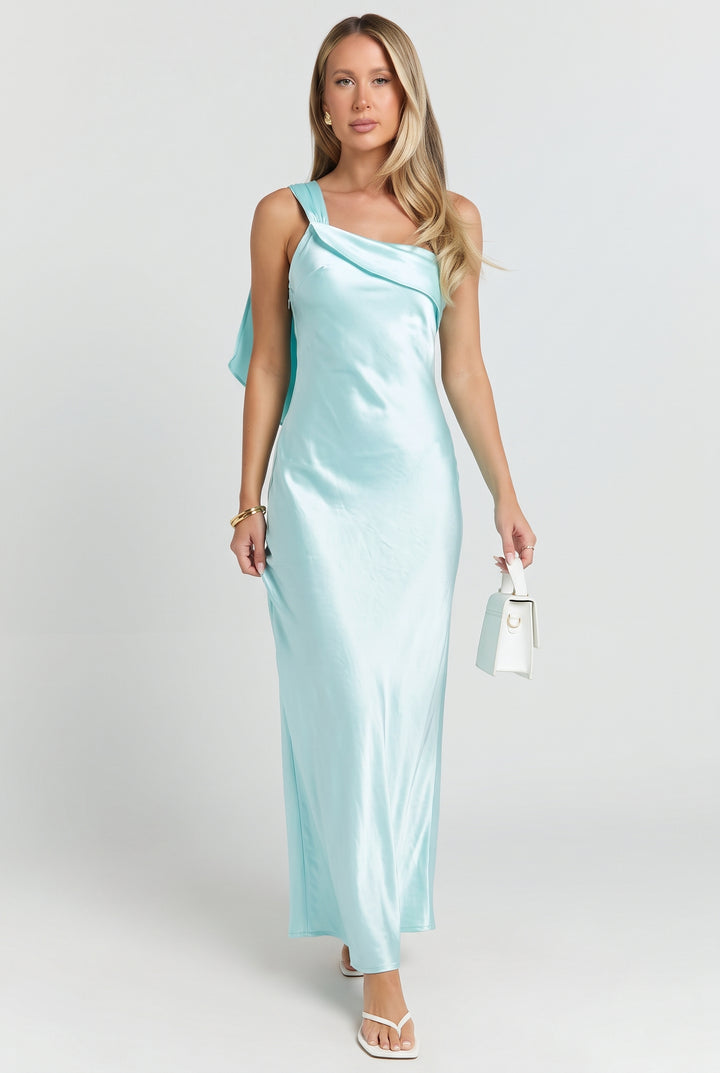 Greek Island Sunsets Satin One Shoulder Maxi Dress