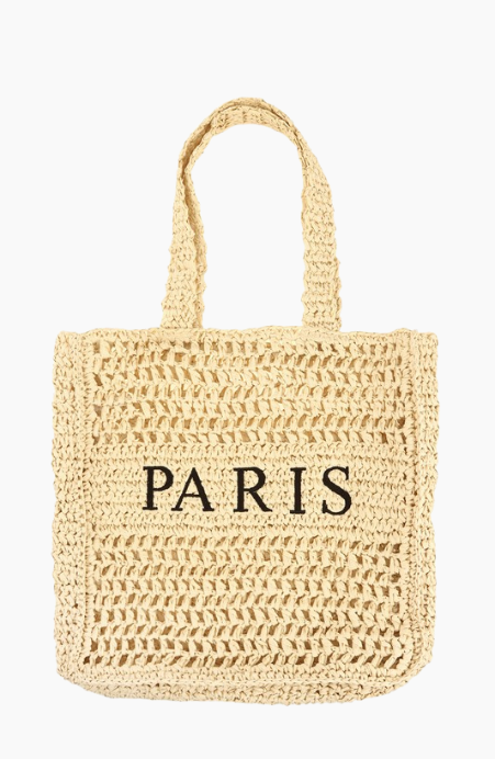 PARIS Embroidered Straw Tote Bag